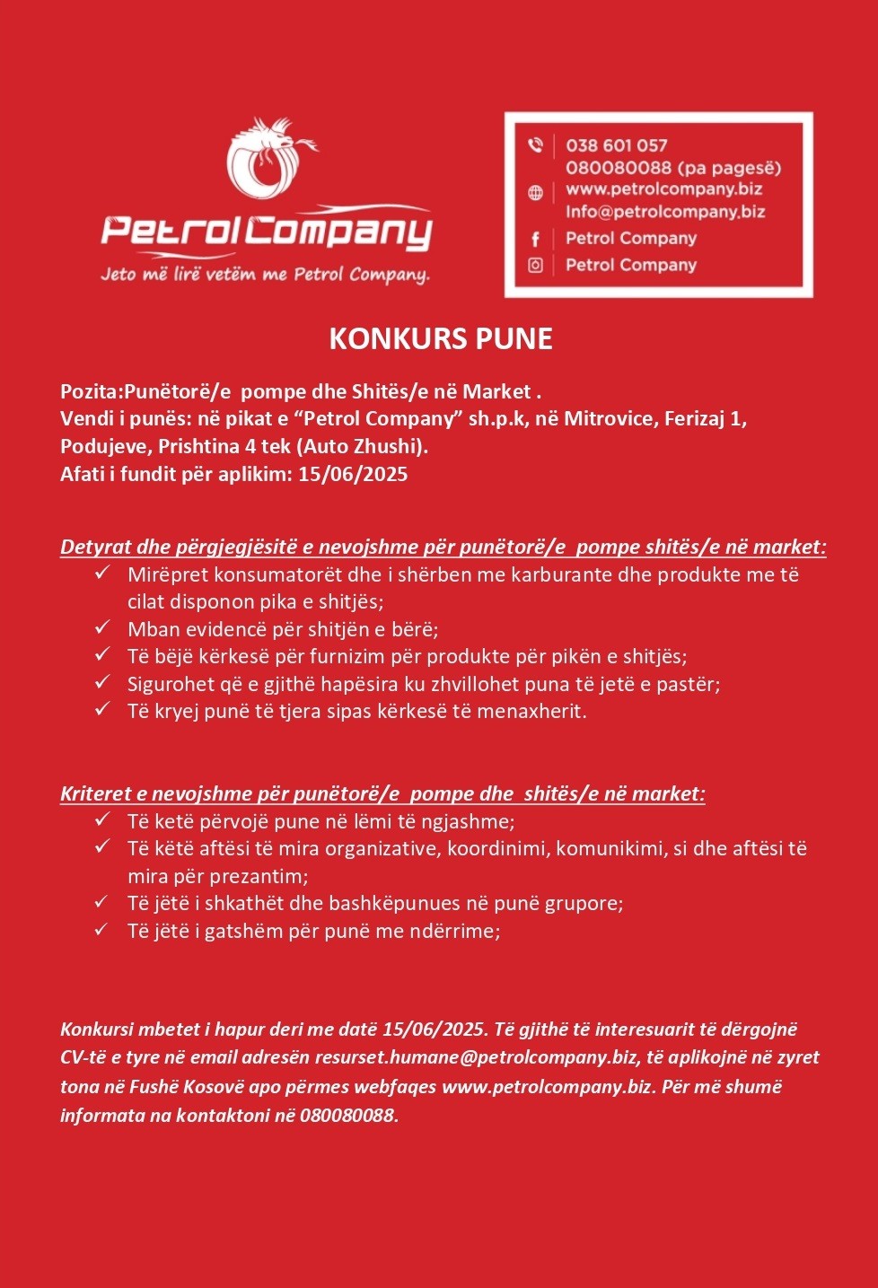 Punëtor/e pompe, Shitës/e në market (Prishtinë, Mitrovicë, Ferizaj, Podujevë)